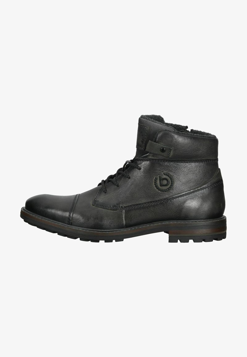 Schwarze Leder-Stiefelette mit glatter Oberfläche, runder Zehenpartie, Draht-Schnürdesign und strukturiertem Gummisohle. Mit einem Logo-Detail an der Seite.