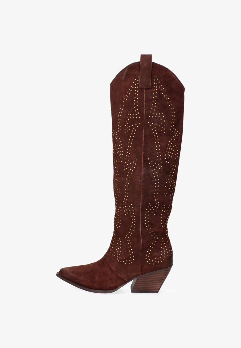 Botte de cowboy en daim marron avec un bout pointu, des clous dorés décoratifs et un talon empilé. Elle présente un tige haute avec un motif unique et une languette.