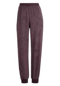 Mjuka, plyschiga vinröda sweatpants med elastisk midja och ribbade muddar. Har sidofickor och en bekväm lös passform.