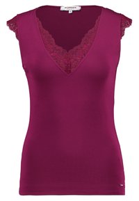 Top sin mangas púrpura con un profundo escote en V, con detalles de encaje en los hombros y el cuello, hecho de una tela suave y elástica; diseño ajustado.