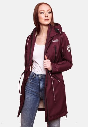 Maroon softshell jacket with adjustable hood, front zip pockets, drawstrings at the waist, and logo details. Smooth texture, knee-length design.