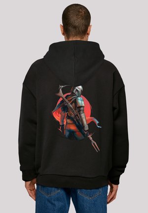 Black hoodie with a large graphic on the back depicting a character in armor, holding a weapon, set against a circular red background.