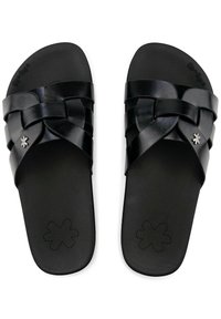 Black leather slide sandals with woven strap design and metal accents. Flat sole with a textured pattern on the footbed.