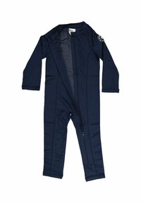 Laivansinis täysipitkä puku, pitkät hihat, vetoketjusuljenta, joustavasta materiaalista, jossa on sileä pinta ja vähäiset yksityiskohdat.