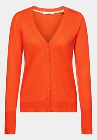 Cardigan orange à manches longues avec col en V, bords-côtes aux poignets et à l'ourlet, six boutons sur le devant et étiquette de la marque Esprit à l'intérieur du col.