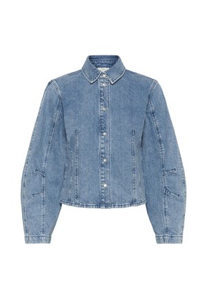 Veste en denim bleu clair avec manches longues bouffantes, col pointu et fermeture avant à boutons-pression.