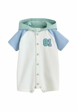 Baba overál rövid kék ujjakkal, menta zöld kapucnival, fehér testtel, elöl gombokkal és "01" felvarróval a mellkason.