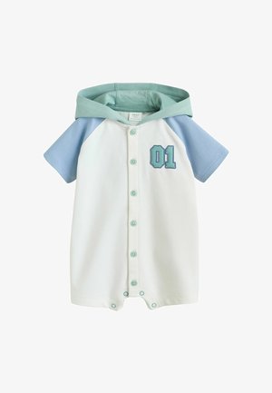 Vastsündinu kombinesoon lühikeste siniste varrukatega, piparmündirohelise kapuutsiga, valge kehaga, ees nööbid ja rinnal "01" plaastriga.