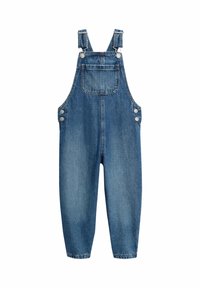 Leren dungarees in lichtblauw met verstelbare schouderbanden, een voertas en zijknopen. Heeft een relaxte pasvorm en taps toelopende benen.