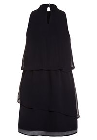 Robe noire sans manches, à couches, avec un col haut et une fermeture à bouton en forme de trou clé à l'arrière, fabriquée en tissu léger texturé.