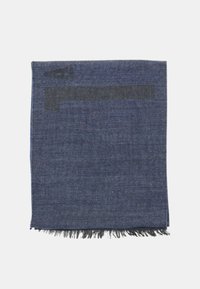 Sciarpa intrecciata blu con bordi sfrangiati, caratterizzata da una trama liscia e un motivo discreto incorporato nel tessuto.