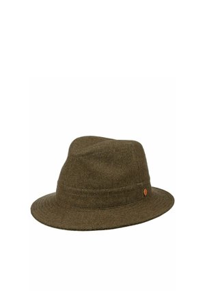 Brown wool fedora hat with a medium brim and a small circular leather emblem on the side band.