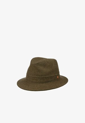 Brown wool fedora hat with a medium brim and a small circular leather emblem on the side band.