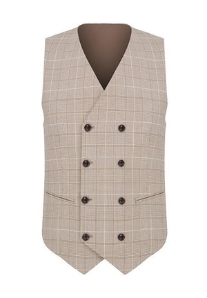 Beżowa, kratkowana kamizelka dwurzędowa z sześcioma ciemnymi guzikami i dwoma przednimi kieszeniami z patką, z dekoltem w serek i dopasowanym krojem.