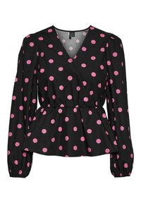 Blusa nera a pois con maniche lunghe a sbuffo, design avvolgente e vita elasticizzata. Presenta grandi pois rosa e una scollatura a V.