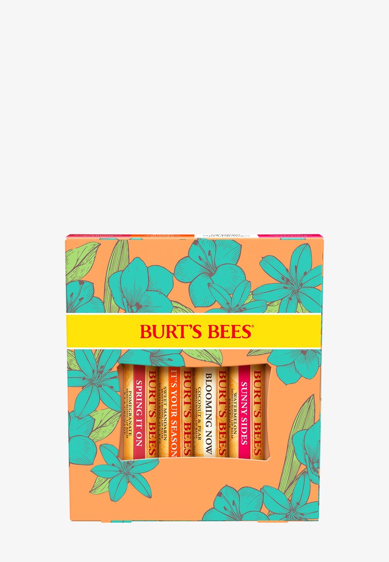 Set of six Burt's Bees lip balms in floral orange and teal box with yellow label, showing flavors like Spring It On and Sunny Sides.