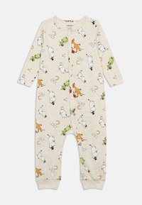 Mono de manga larga para niños en gris claro con estampados coloridos de animales y lunas, que cuenta con cierre de botones a presión y tobillos ajustados.