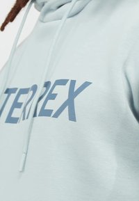 Vaaleansininen huppari, joka on valmistettu pehmeästä kankaasta ja jossa on suuri, rohkea "TERREX" -grafiikka tummemmassa sinisessä. Mukana on nauhalla säädettävä huppu.