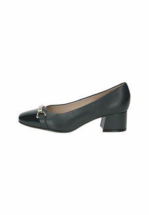 Dark green leather pump shoe with a pointed toe, silver buckle detail, and a low block heel. Smooth texture and minimalist design.