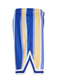 Svømmebukser med vertikale striper i blått, lyseblått og gult. Elastisk midjebånd med hvit kant og spiss detalj på siden.