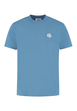 Blue cotton t-shirt with short sleeves, crew neck, and a small white logo on the left chest. Smooth texture and simple design.