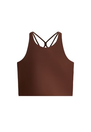 Ruskea urheiluajanliivi, jossa on tyylikäs ja sileä pinta. Siinä on korkea kaula-aukko ja ristikkäinen selkämuotoilu, joka tarjoaa jämäkän ilmeen.