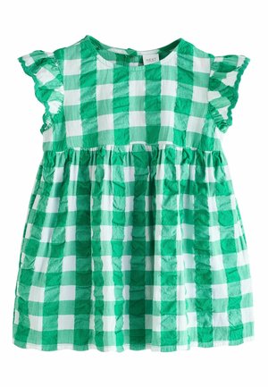 Zielono-biała sukienka w kratę dla malucha, z krótkimi falbankowymi rękawami i marszczoną talią, wykonana z lekkiego materiału.