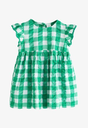 Grün-weiß kariertes Kleinkindkleid mit kurzen Rüschenärmeln und geraffter Taille, aus leichtem Stoff.