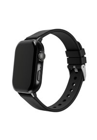 Orologio smartwatch nero con quadrante rettangolare, finitura liscia e cinturino in gomma con fori per la regolazione. Include un pulsante laterale e una corona.