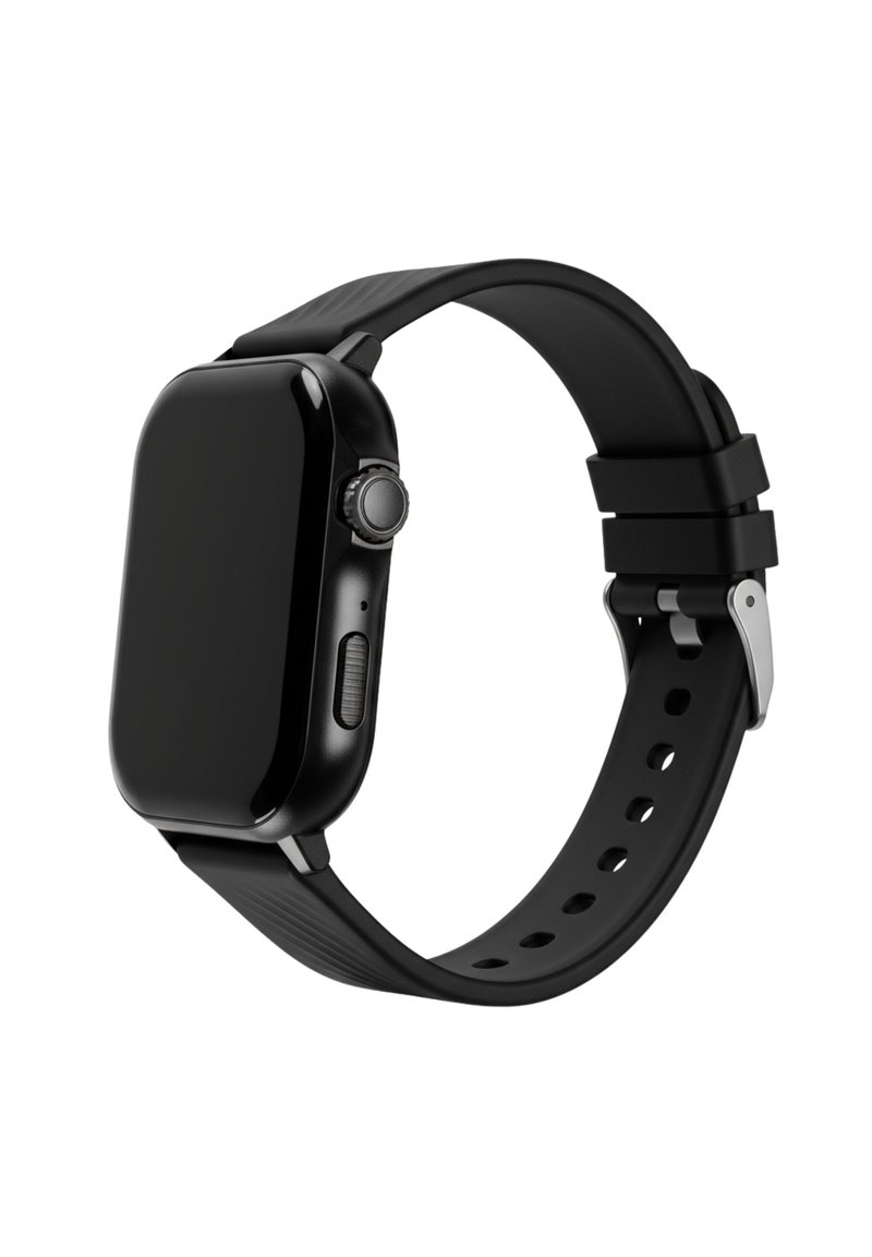 Orologio smartwatch nero con quadrante rettangolare, finitura liscia e cinturino in gomma con fori per la regolazione. Include un pulsante laterale e una corona.