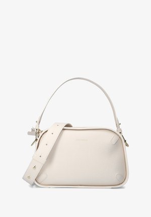 Weiße Lederhandtasche mit klarer Struktur, ausgestattet mit einem oberen Griff und verstellbarem Riemen. Goldfarbene Beschläge und dezentes Logo-Detail.