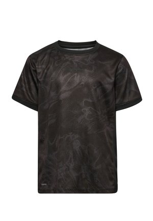 Zwart sport T-shirt met korte mouwen, subtiel donker patroon en ronde hals, ontworpen voor sportief gebruik.