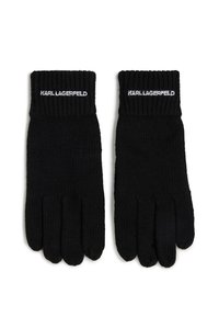 Luvas de malha pretas com punhos canelados, apresentando "KARL LAGERFELD" bordado em branco na parte superior. Textura suave, formato de luva padrão.