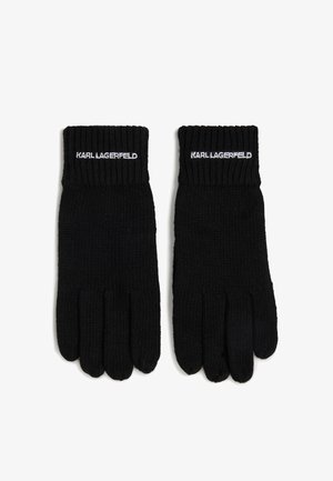 Must musträppidega mustad kootud kindad, mille peal on valge broderi "KARL LAGERFELD". Pehme tekstuur, standardne kindamoodustus.