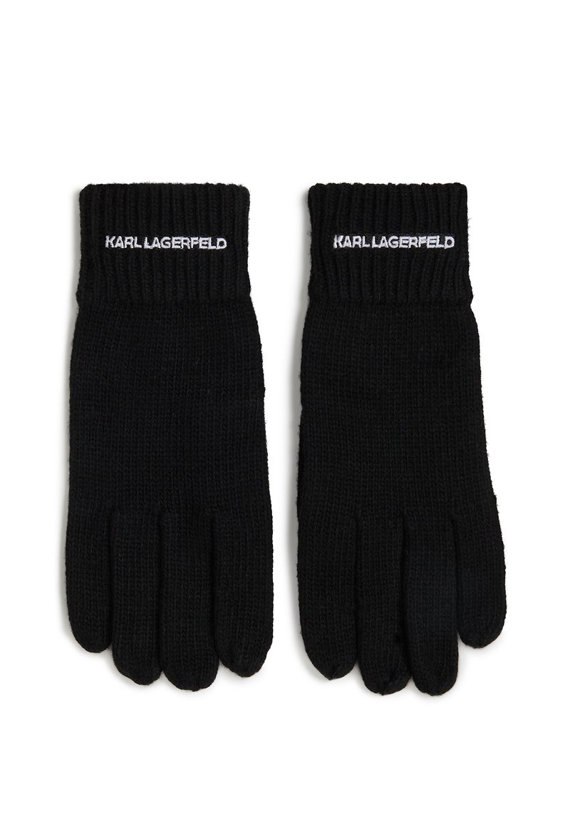 Luvas de malha pretas com punhos canelados, apresentando "KARL LAGERFELD" bordado em branco na parte superior. Textura suave, formato de luva padrão.