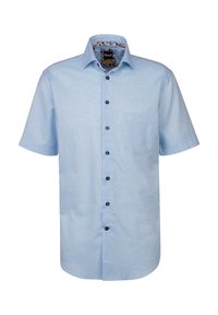 Camicia a maniche corte con bottoni in tessuto azzurro chiaro, dotata di taschino sul petto, bottoni color navy e rivestimento del colletto con motivo floreale.