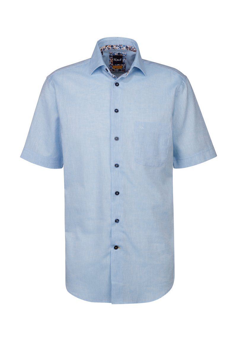 Camicia a maniche corte con bottoni in tessuto azzurro chiaro, dotata di taschino sul petto, bottoni color navy e rivestimento del colletto con motivo floreale.