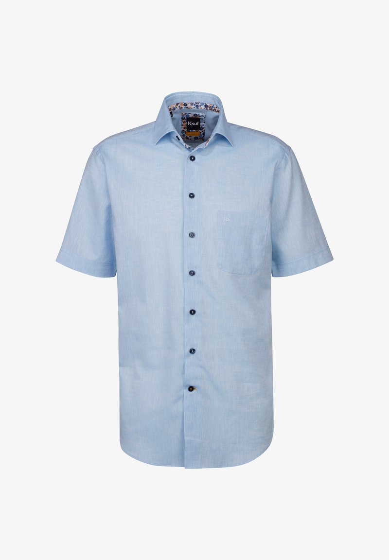Camicia a maniche corte con bottoni in tessuto azzurro chiaro, dotata di taschino sul petto, bottoni color navy e rivestimento del colletto con motivo floreale.