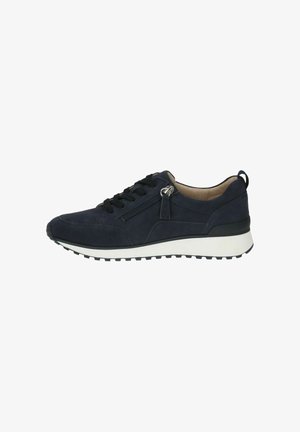 Navyblaue Wildleder-Sneaker mit Schnürdesign, Reißverschlussdetail an der Seite, strukturiertem Außensohlen und kontrastierender weißer Zwischensohle.