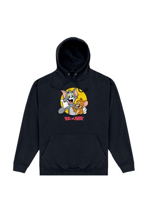 Czarny hoodie z graficznym nadrukiem postaci z kreskówek Tom i Jerry, na żółtym tle w kształcie koła, z napisem poniżej "TOM i JERRY."