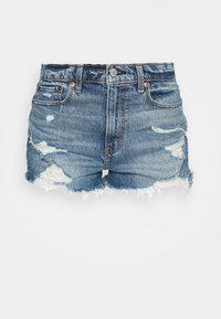 Shorts in denim blu chiaro con dettagli strappati. Presentano un orlo sfrangiato, tasche anteriori e una chiusura con bottone in vita.