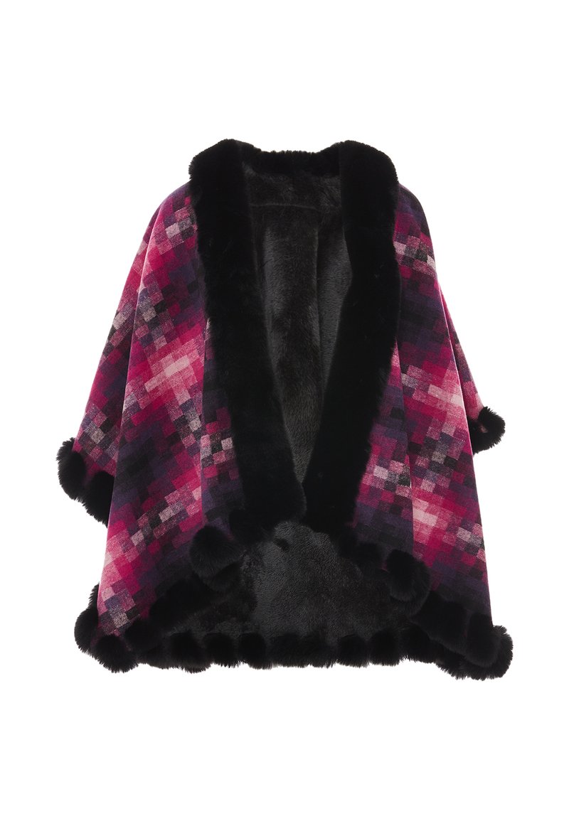 Poncho a quadri in tonalità di rosa e nero, con un morbido colletto e bordi in pelliccia sintetica e dettagli con pompon. Tessuto testurizzato con motivi vivaci.