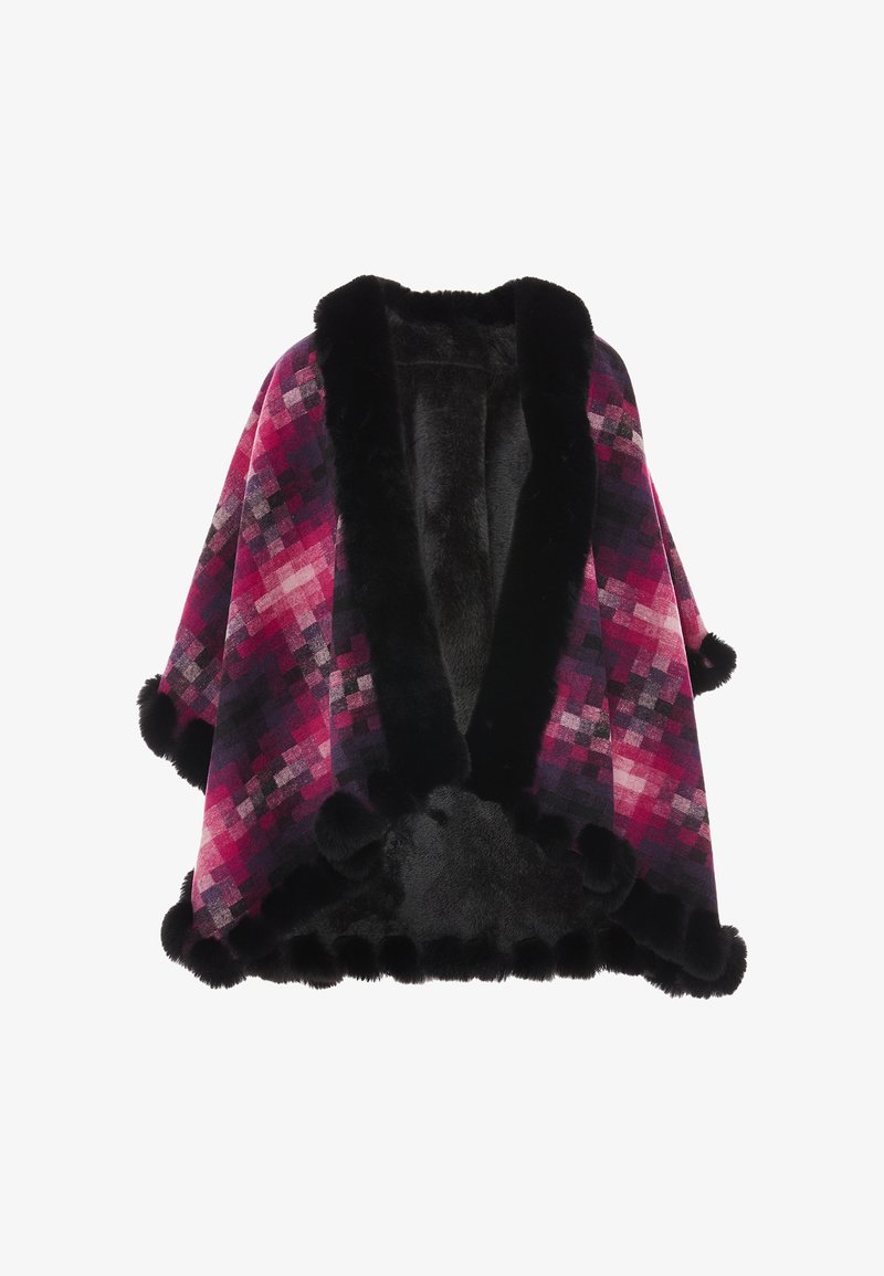 Poncho în carouri în nuanțe de roz și negru, featuring un guler și detalii din blană sintetică moale, cu accente de pom-pom. Material texturat cu motive vibrante.