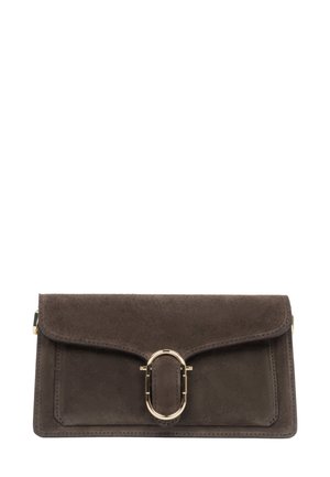 Dark brown suede clutch with a fold-over flap, featuring a prominent gold-tone oval hardware accent and a slim rectangular shape.