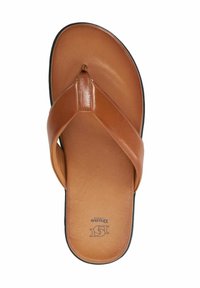 Brown leather flip flop with a smooth finish, featuring a thong-style strap and a cushioned footbed. Black sole with minimal tread.