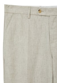 Pantaloni in lino beige chiaro con finitura testurizzata, dotati di due tasche laterali e una chiusura con un bottone in vita.