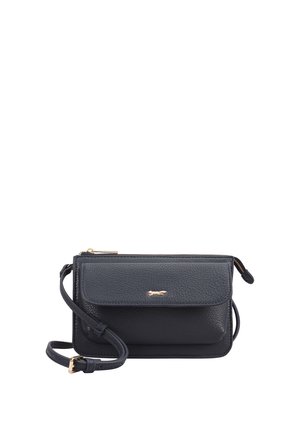 Zwarte gestructureerde lederen crossbodytas met voorklepzak, gouden rits en verstelbare riem met gouden gesp.