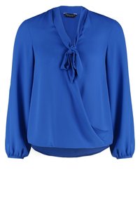 Blå blus i slät kvalitet med omslagdesign, lång ärm med puffärmar och en knytning vid halsen.