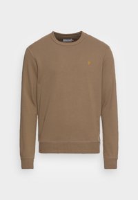Felpa a maniche lunghe marrone con collo rotondo, dotata di un piccolo logo "F" ricamato di colore giallo sulla parte superiore sinistra del petto, presentata su uno sfondo bianco.