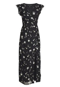 Černé šaty přes kolena s bílým květinovým potiskem, nabírané po stranách, s volánovými rukávy, výstřihem do V a předním rozparkem až do půli lýtek.